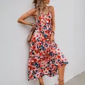 Abito estivo a trapezio a fiori con balze a strati e scollo a V senza maniche stile boho - S / Arancione