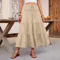 Gonna lunga a balze beige con vita alta elastica a nido d'ape e coulisse regolabile - S / Cachi