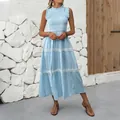 Vestido largo sin mangas a rayas azul claro con nido de abeja y encaje blanco - S / Bottoms / Azul