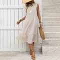 Vestido beige sin mangas con escote en V con borlas y detalles de volantes en capas - S / Caqui