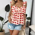 Lieflijk hemdje met hartjesprint, grote strik en ruchesbandjes voor de zomer - S / Broken Wit