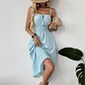 Blauw-wit gestreepte zomerjurk met spaghettibandjes en een hoge elastische taille - S / Blauw