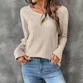 Haut décontracté en maille beige clair à manches longues et col rond avec texture côtelée - S / Khaki Clair