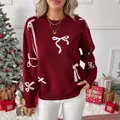 Women's wine red crewneck knit sweater with white bow jacquard in Christmas setting - S / Burgundy