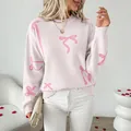 Chic light pink women knit sweater with hot pink bow pattern and round neckline - S / Off White