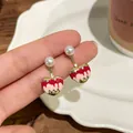 Sweet gold heart earrings with melting red drip glaze and a white pearl accent - Honey Heart Style (MK2) / Red Pink