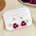 Three-pair winter stud set with red velvet flowers, pearls, and 925 silver posts - Red Flower Rhinestone Pearl Earrings (BC)