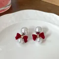 Elegant wine red velvet bow earrings with pearls and gold accents for women - Gold Bowknot With Pearls