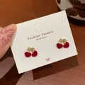 Sweet cherry stud earrings with red flocking texture and golden leaf finish - Small Cherry Flocking Style (RV31)