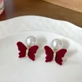 Elegant wine red velvet butterfly earrings with large pearl and sparkling crystals - Pearl Butterfly Style
