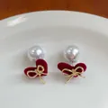 Elegant wine red velvet bow earrings with large pearl drops for women's autumn winter style - Red Heart With Pearls