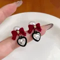 Velvet burgundy bow earrings with white pearl and heart rhinestone drop charms - Red And Black Heart With Pearls