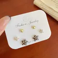 Three-pair earring set with gold heart and polka dot star studs on S925 silver posts - Brown Star Polka Dot (BN3)