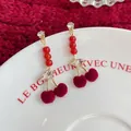 Vintage cherry drop earrings with red velvet pom-poms and sparkling crystals - Cherry Beaded Pendant (WJ9)