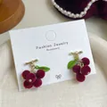 Elegant wine red flocked cherry drop earrings with green leaf and golden hooks - Flocking Grape (RV15)