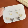 Three-pair earring set featuring brown polka dot bows and pearls with 925 silver posts - Brown Bow Polka Dot (BN5)