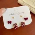 Three-pair earring set with red velvet bows and polka dot patterns on S925 silver posts - Red Arc Polka Dot (BN8)