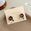 Deep red heart flower earrings with white pearl center and green leaf crystal drop - Red Flower Artificial Pearl Pendant Style