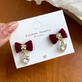 Velvet bow earrings with heart-shaped zircon and faux pearl on jewelry card - Evening Party Bowknot (RV28)