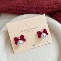 Elegant burgundy velvet bow earrings with white pearl drops on display card - Bowknot With Inlaid Pearl (RV02)