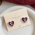 Vintage heart-shaped burgundy velvet stud earrings with silver tulip relief detail - Silver Tulip (JM4)
