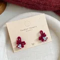 Elegant burgundy velvet bow stud earrings featuring a teardrop zircon gemstone dangle - Red Bowknot Water Drop (WJ1)