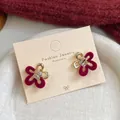 Elegant wine red velvet flower earrings with gold plating and sparkling crystals - Hollow Half Flower (FR4)