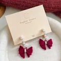Elegant burgundy velvet bow earrings with cascading white pearls and crystal studs - Bow Tie Pearl C-Shape Drop Earrings (EF2)