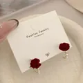 Elegant burgundy velvet rose stud earrings with pearl drop on display card - Rose C-Shape Hoop (RV25)