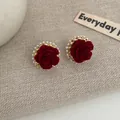 Elegant deep red flocked rose earrings with gold wave trim and pearl accents - Flocking Camellia (RV50)