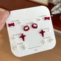 Deep red velvet bow and pearl earring set featuring seven pairs of unique styles - Red Dragon Bow Pearl Earrings (US3)