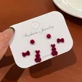 Three-pair wine red flocked bow and bunny stud earrings with 925 silver needles - Red Rabbit Bow Earrings (VQ2)
