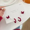 Three-piece red flocked bow and pearl stud earring set with S925 silver needles - Red Butterfly C Hoop