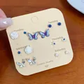 Seven-day colorful rose and butterfly earring set with silver needles on display card - Blue Butterfly Style (HDB3)