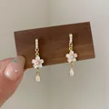 Pink cherry blossom earrings with white pearls and a delicate teardrop pendant - Cherry Blossom Petal (YF7)