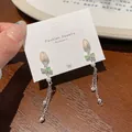 Elegant tulip earring collection with tassels, green bow, and white pearls on silver chain - Silver Chain Tassel (FA4)
