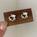 Pink cherry blossom wreath earrings with silver rabbit and enamel flower charm - Flower Bunny Stud Earring (FB1)
