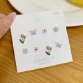 S925 silver earring set with purple tulips, white flowers and butterfly designs - Purple (YJX4)