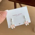 Pink cherry blossom drop earrings with silver cat stud and sparkling zircon accents - Cat Pink Cherry Blossom (YHW2)
