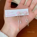 Pink cherry blossom earrings with long silver tassels and crystal drops on card - Flower Tassel Earring (HDW024)
