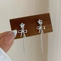 Silver bow earrings with star-shaped zircon and long fringe tassels for women - Starry Bowknot Tassel