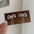 Elegant silver bow long tassel drop earrings with sparkling zircon for women's daily wear - Bow Combination