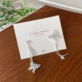 Elegant gradient blue butterfly earrings with long pearl tassels and silver pins - Blue Butterfly Pearl Tassel (HDT22)