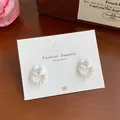 Elegant gradient blue flower earrings with pearls and crystals on display card - Blue-White Flower Artificial Pearl Hoop (YRH6)