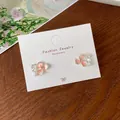 Pink gradient flower stud earrings with pearl drop and shimmering glitter finish - Light Red Three-Petal Flower (HDT23)