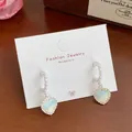 Blue marble heart earrings with pearl hoops and rhinestone details on jewelry card - Pearly Blue Artificial Pearl C-Hoop (YRH7)