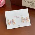 Bowtie earrings with pink purple gradient enamel and pearls on silver base - Purple-Pink Artificial Pearl Bowknot (YRH11)