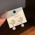 Elegant butterfly drop earrings with yellow enamel, sparkling crystals and white pearls - White Butterfly Pearl Pendant (HDT15)