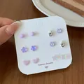 Set of 6 cute purple and pink bear, heart, and star studs on a display card - Bear Purple Alarm Clock Style (AXL6)