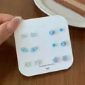 6-pair cute stud earring set with blue flower, bear, and star shapes for women - Little Fish Shell Style (AXL3)